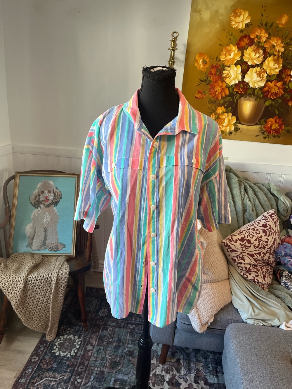 Women’s Vintage Multicolor Striped Button-Up Shirt Size L
